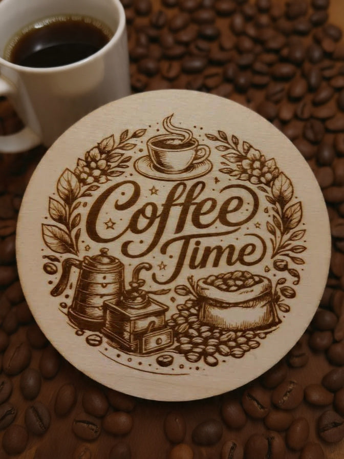 Coffee Time laser engraved wooden coaster