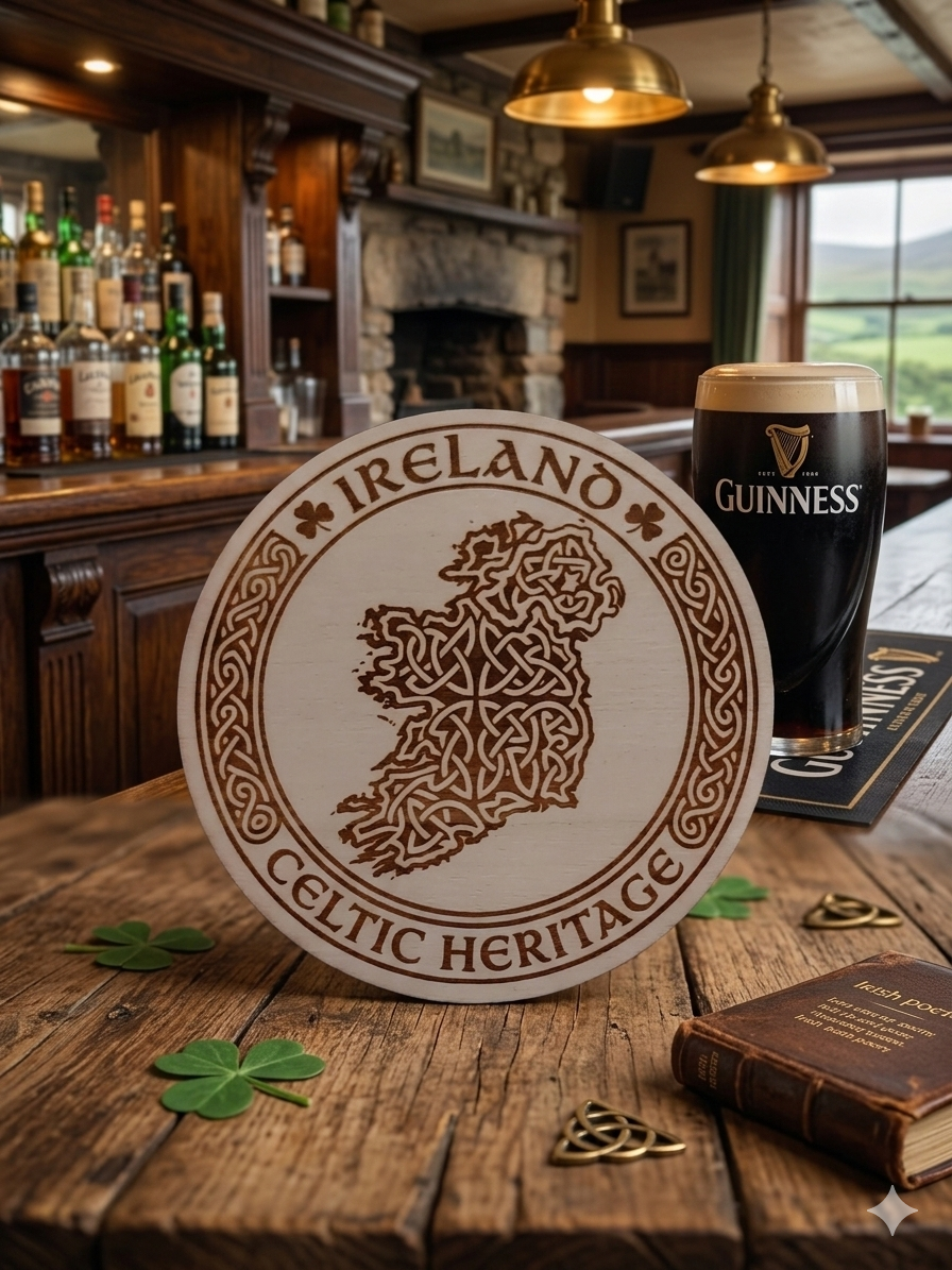 "Ireland: Celtic Heritage" Laser-Engraved Wooden Coaster