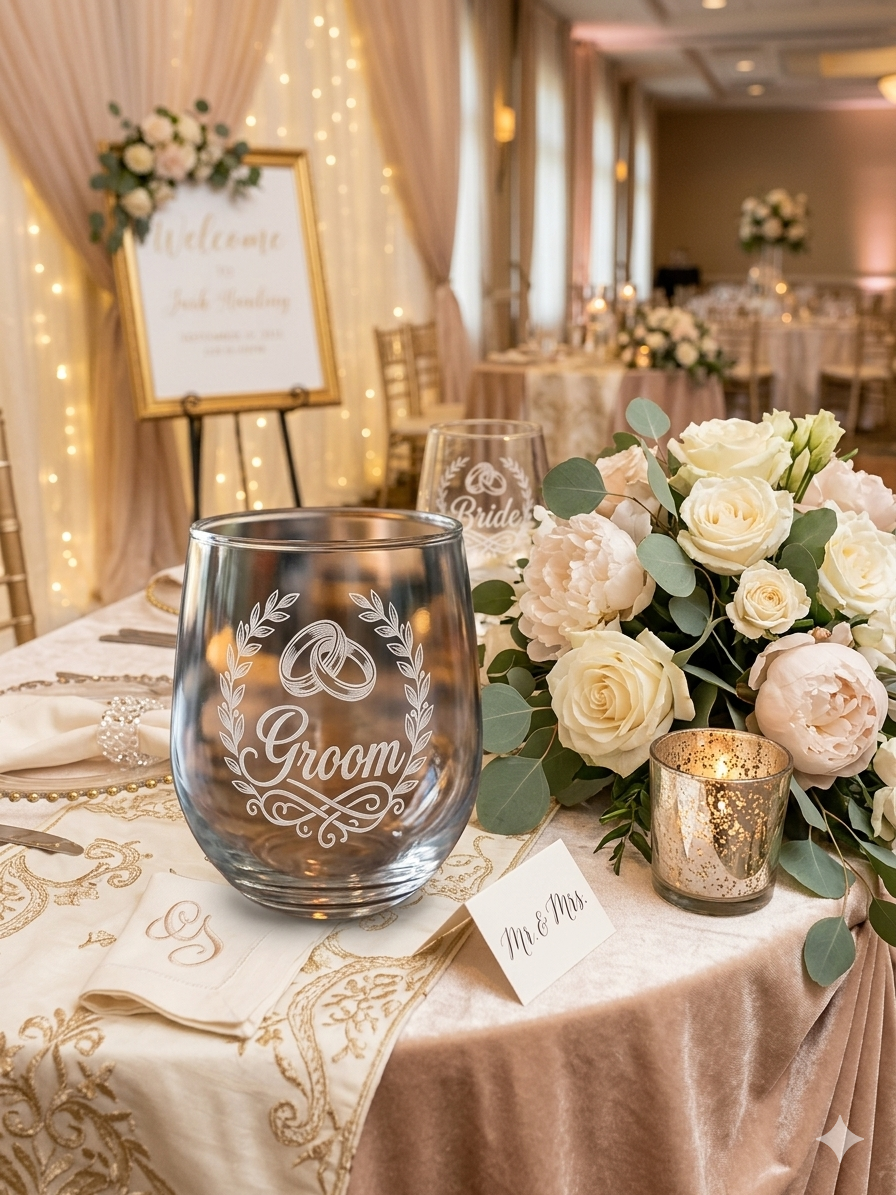 Bride & Groom laser engraved wine glass set