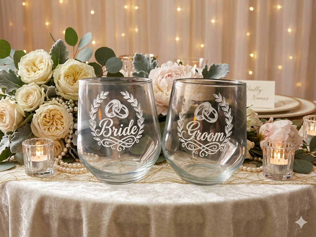 Bride & Groom laser engraved wine glass set