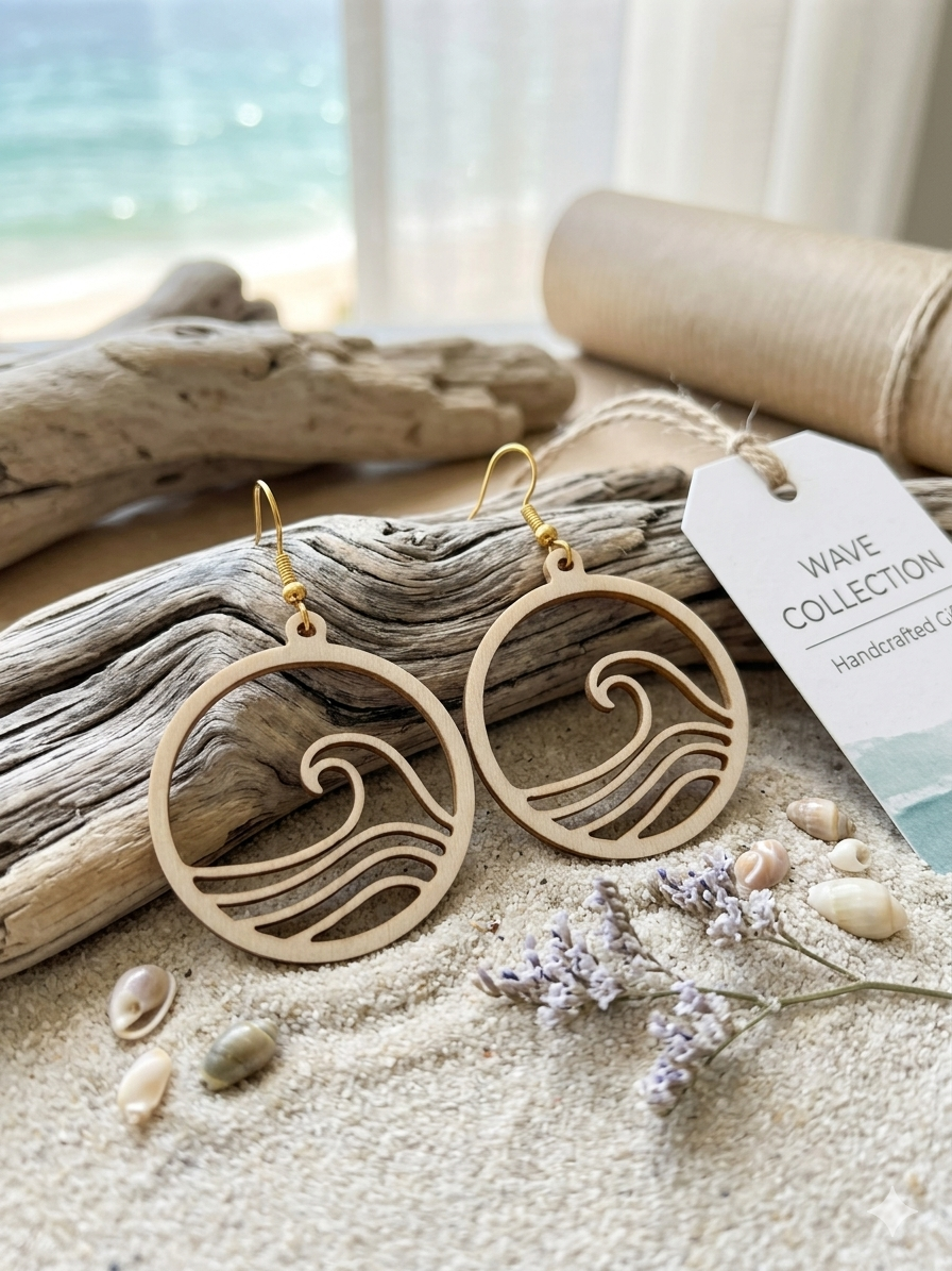 Ocean Wave Wooden Laser Cut Earrings