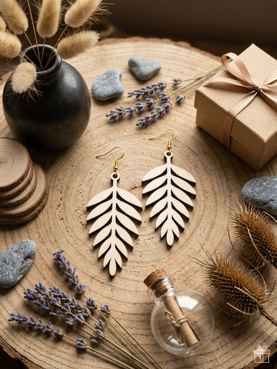Leaf design laser cut wooden earrings
