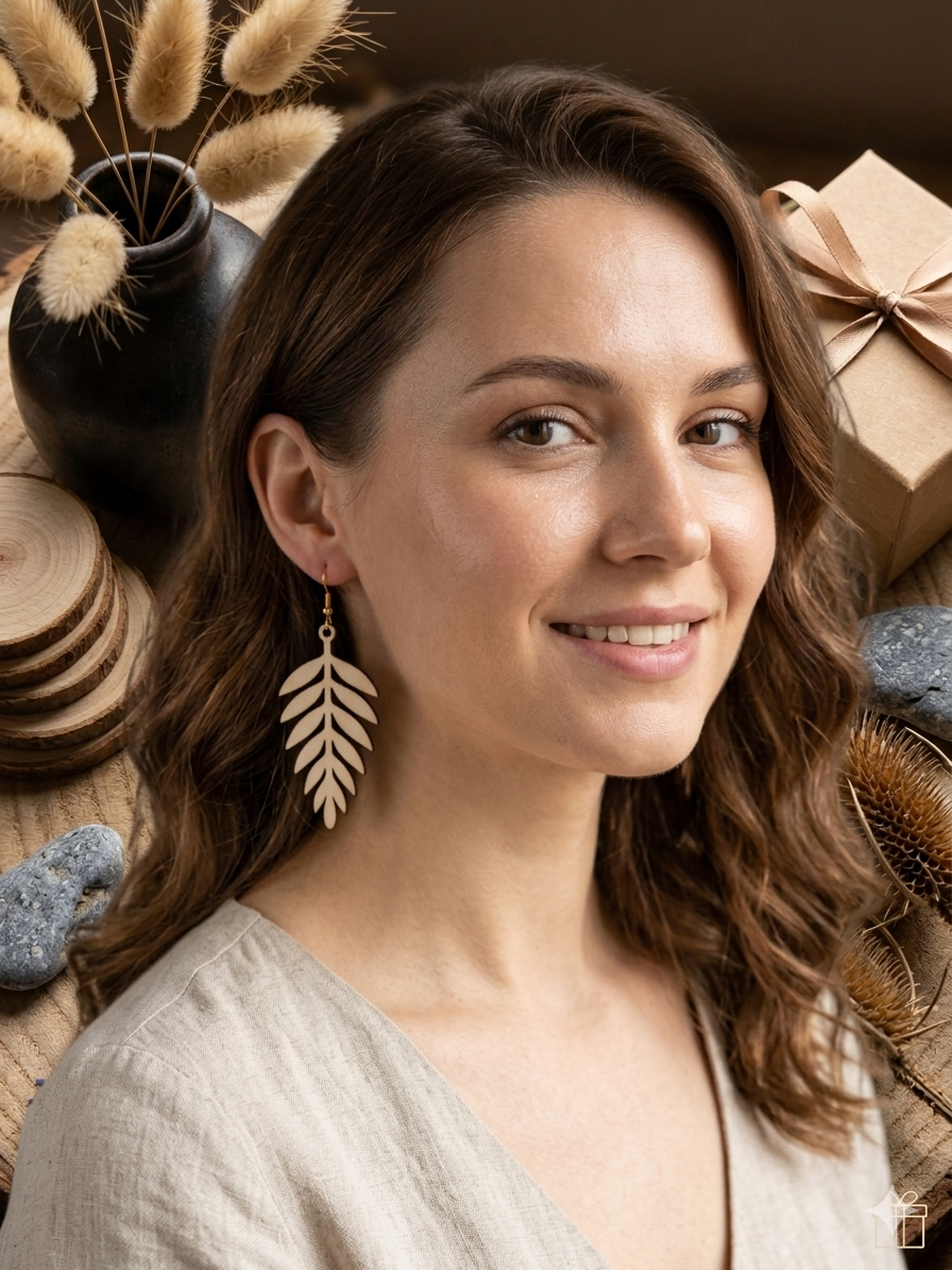Leaf design laser cut wooden earrings
