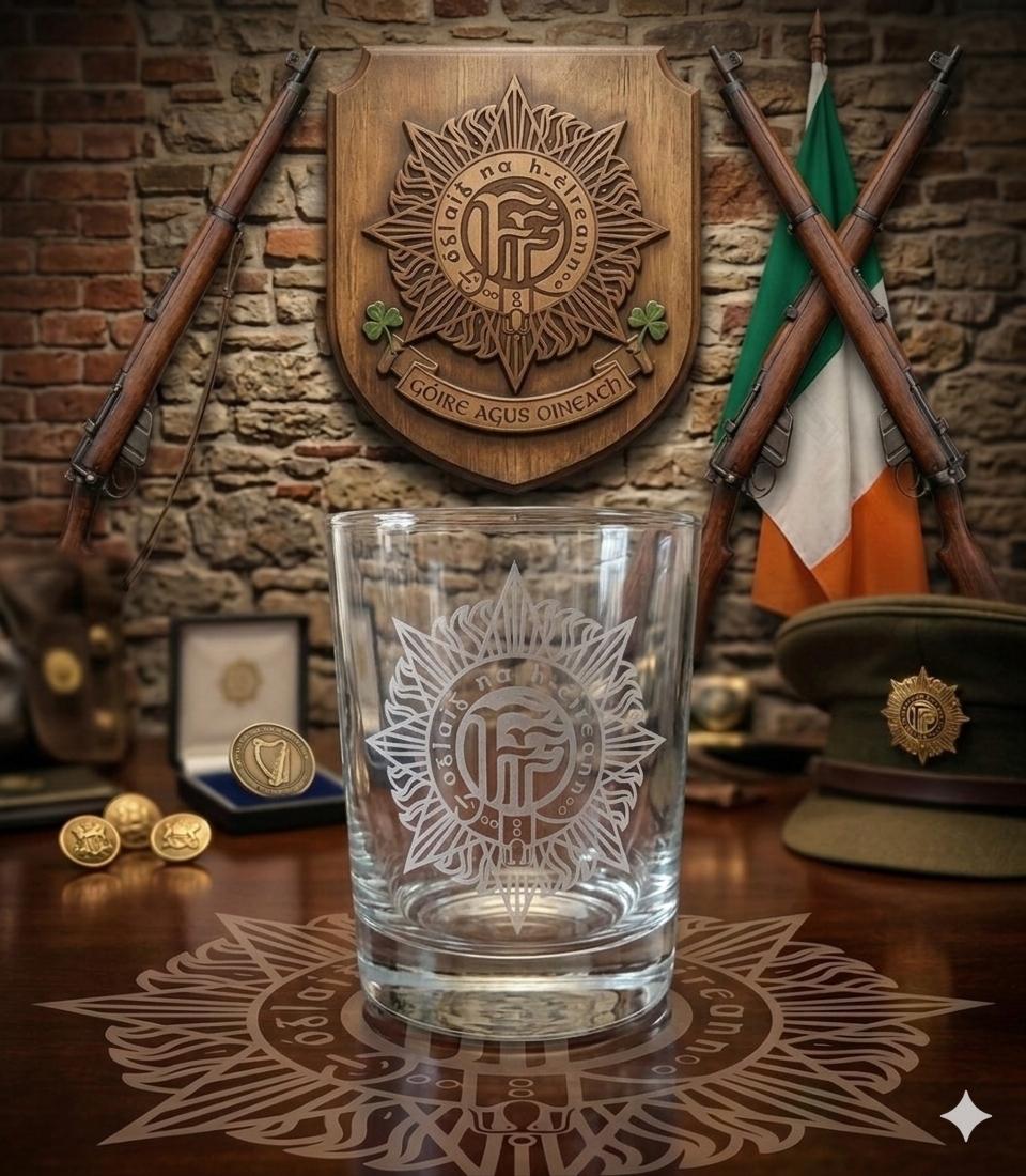 Irish Defence Forces Engraved Whiskey Glass - In Premium Gift Box