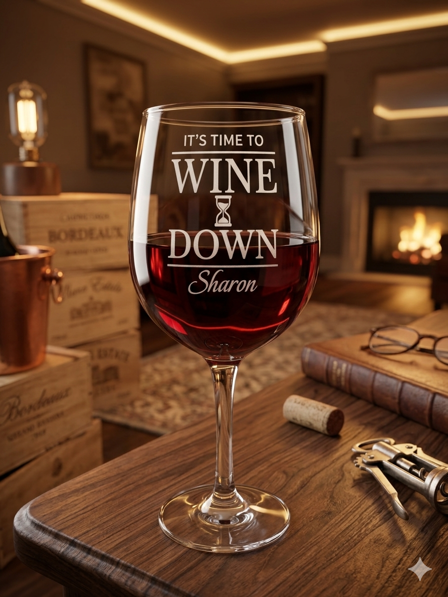 'It's time to wine down' personalised wine glass
