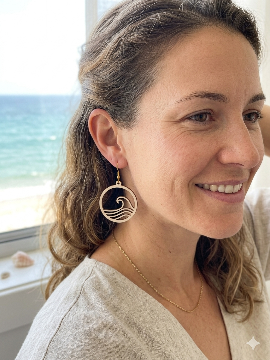 Ocean Wave Wooden Laser Cut Earrings