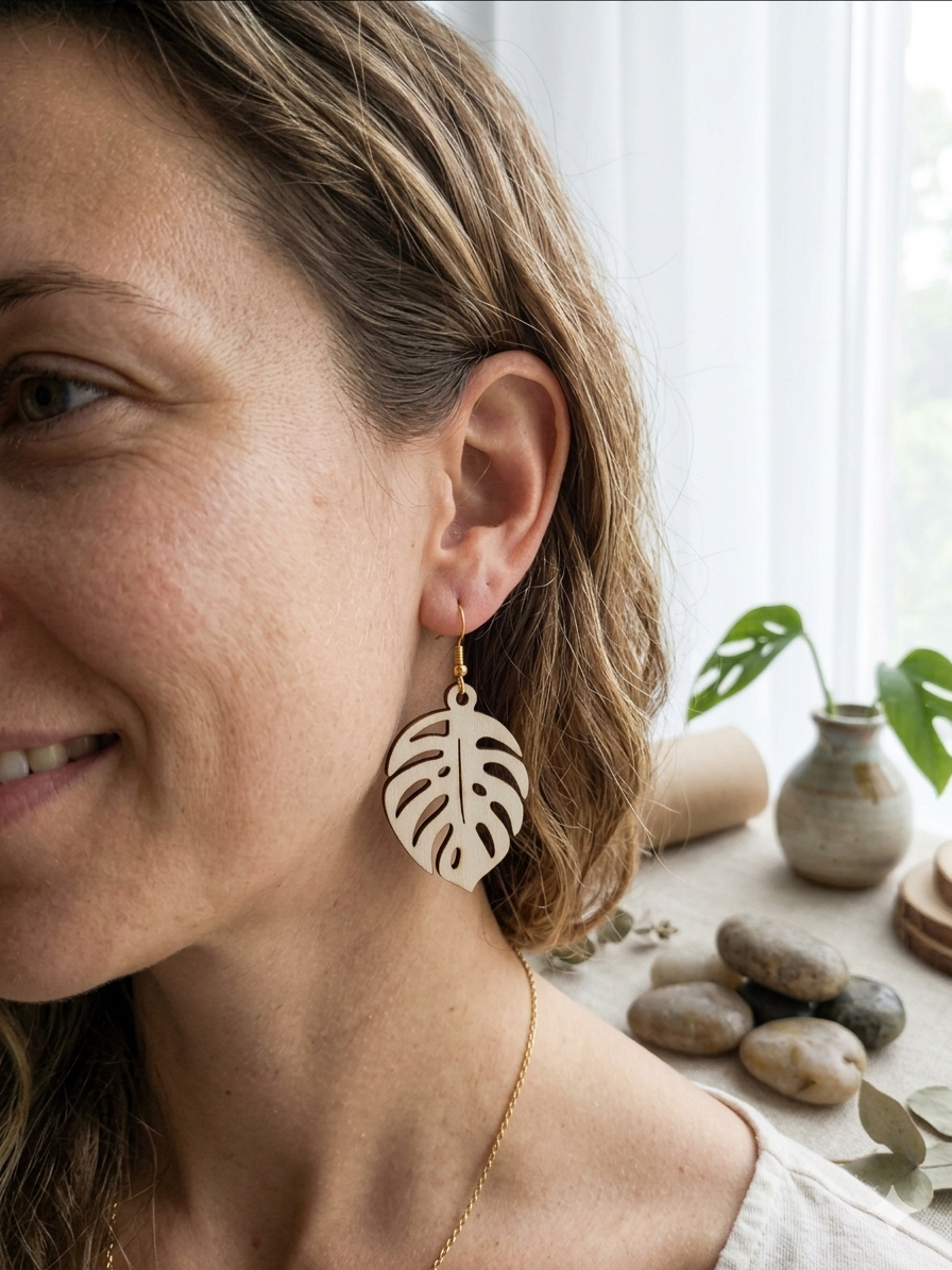 Leaf Design Laser Cut Wooden Earrings