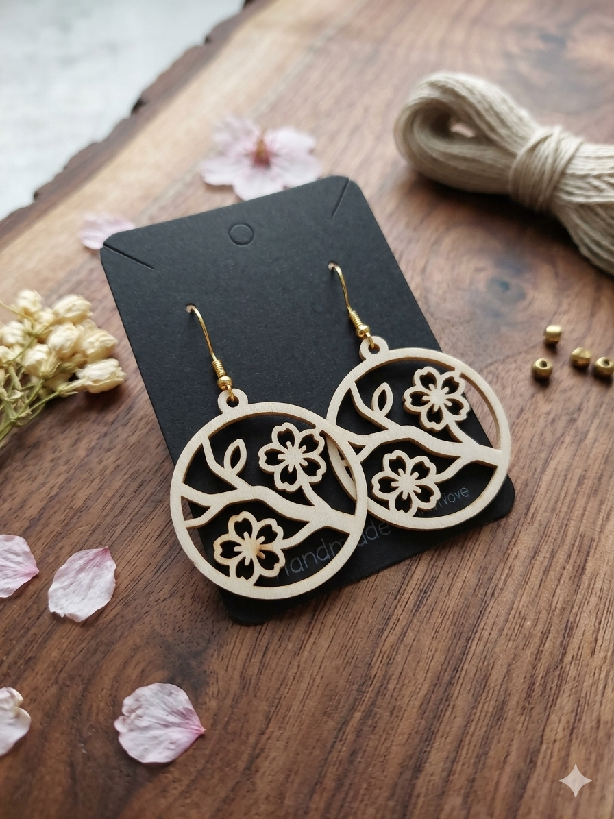 Cheery blossom laser cut wooden earrings