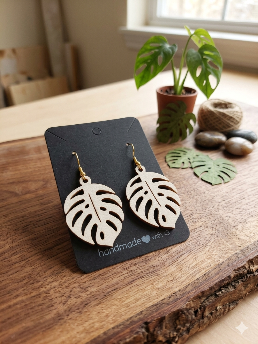 Leaf design laser cut wooden earrings