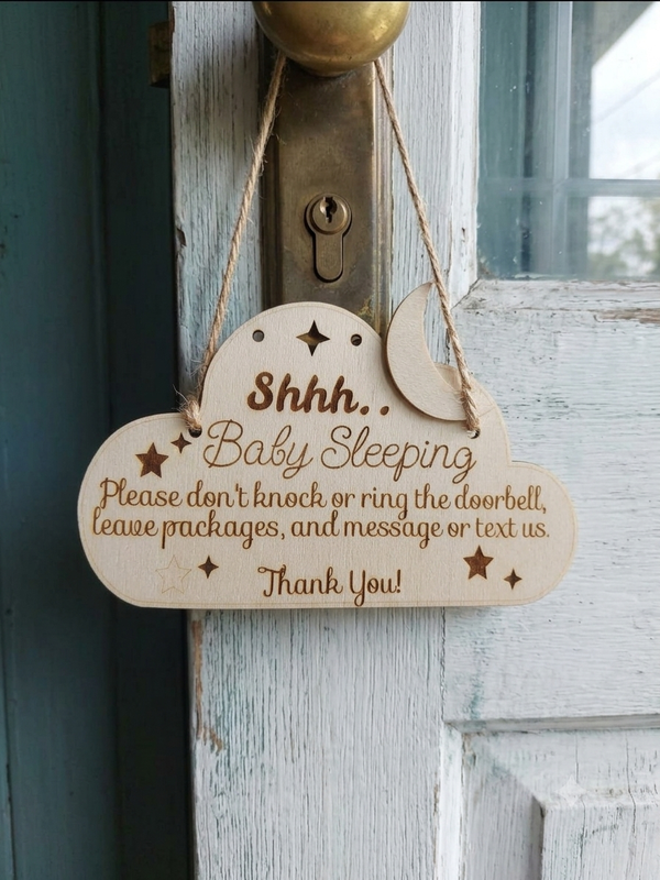 "Shhhh... Baby Sleeping" Wooden Door Sign | Laser Engraved Cloud & Moon Nursery Decor | No Knocking or Doorbell Sign | New Parent Gift