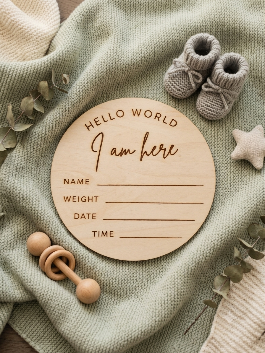 "Hello World, I Am Here" Baby Birth Announcement Disc | Personalised Wooden Keepsake | Newborn Photo Prop & Hospital Keepsake