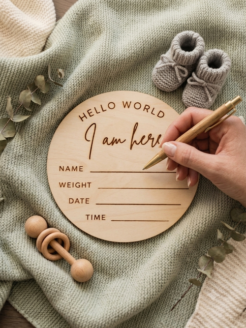 Baby Boy Announcement Teddy Bear with Personalised Wooden Plaque