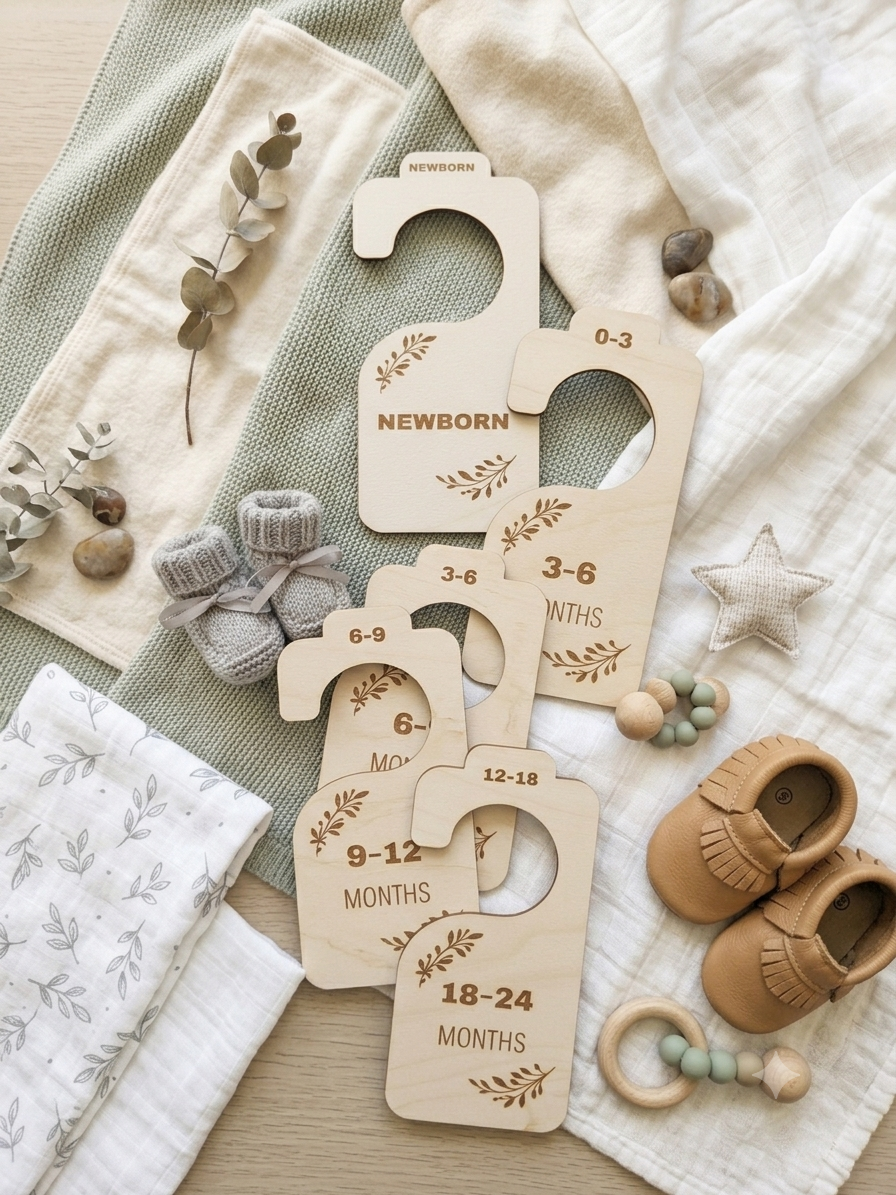 Wooden Baby Closet Dividers Bundle | Laser Engraved Nursery Wardrobe Organizers | Newborn to 24 Months | Baby Shower Gift Set