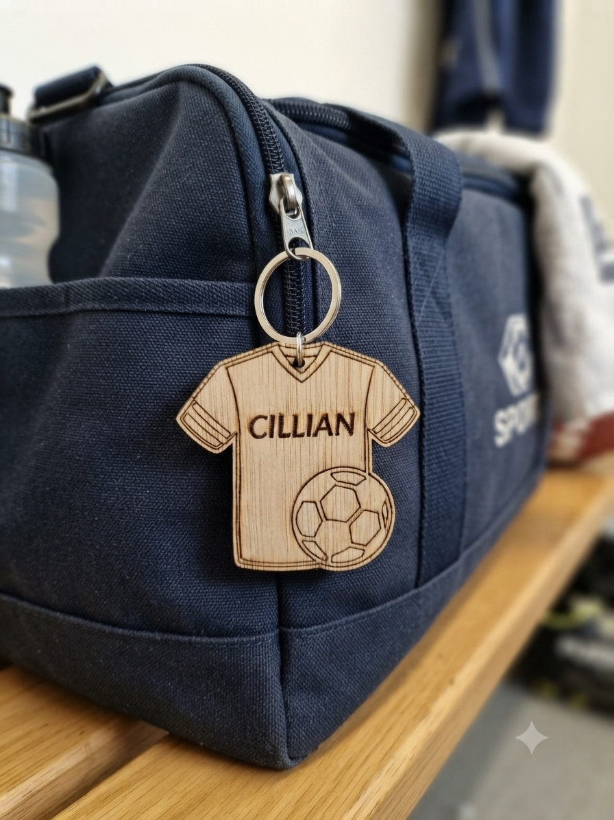 Personalised Football Shirt Keyring - Wooden Name Tag - Bag Tag - Football Gift for Boys or Girls