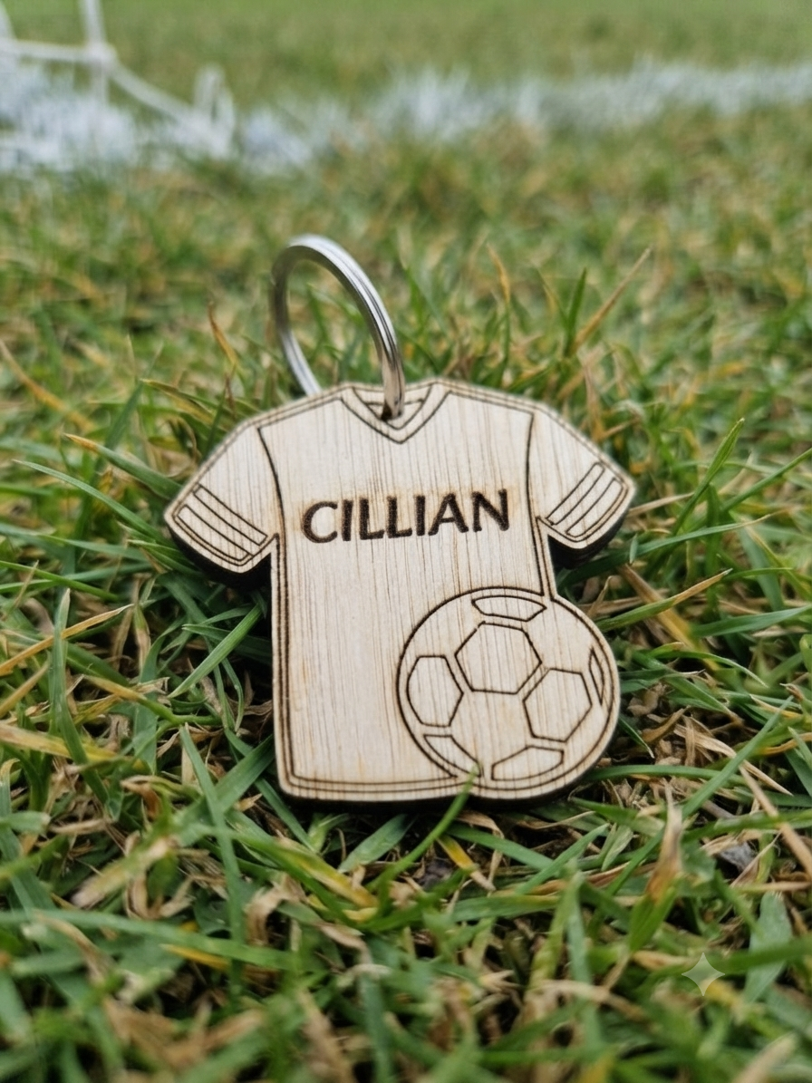 Personalised Football Shirt Keyring - Wooden Name Tag - Bag Tag - Football Gift for Boys or Girls