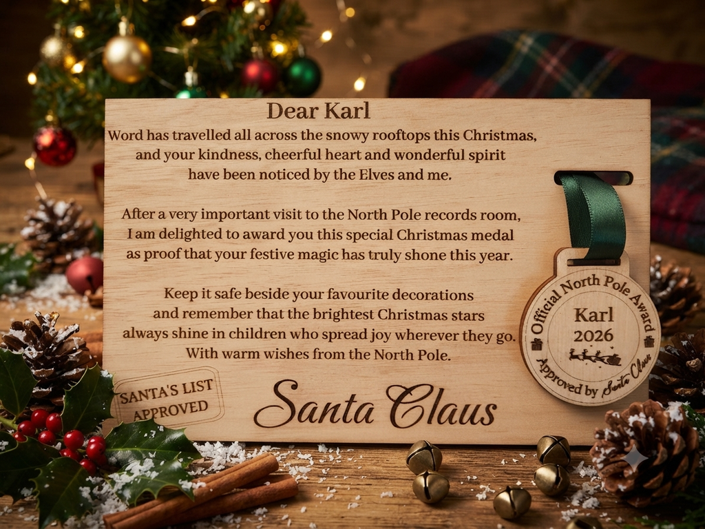 Personalied Official North Pole "Nice List" Medal & Wooden sign