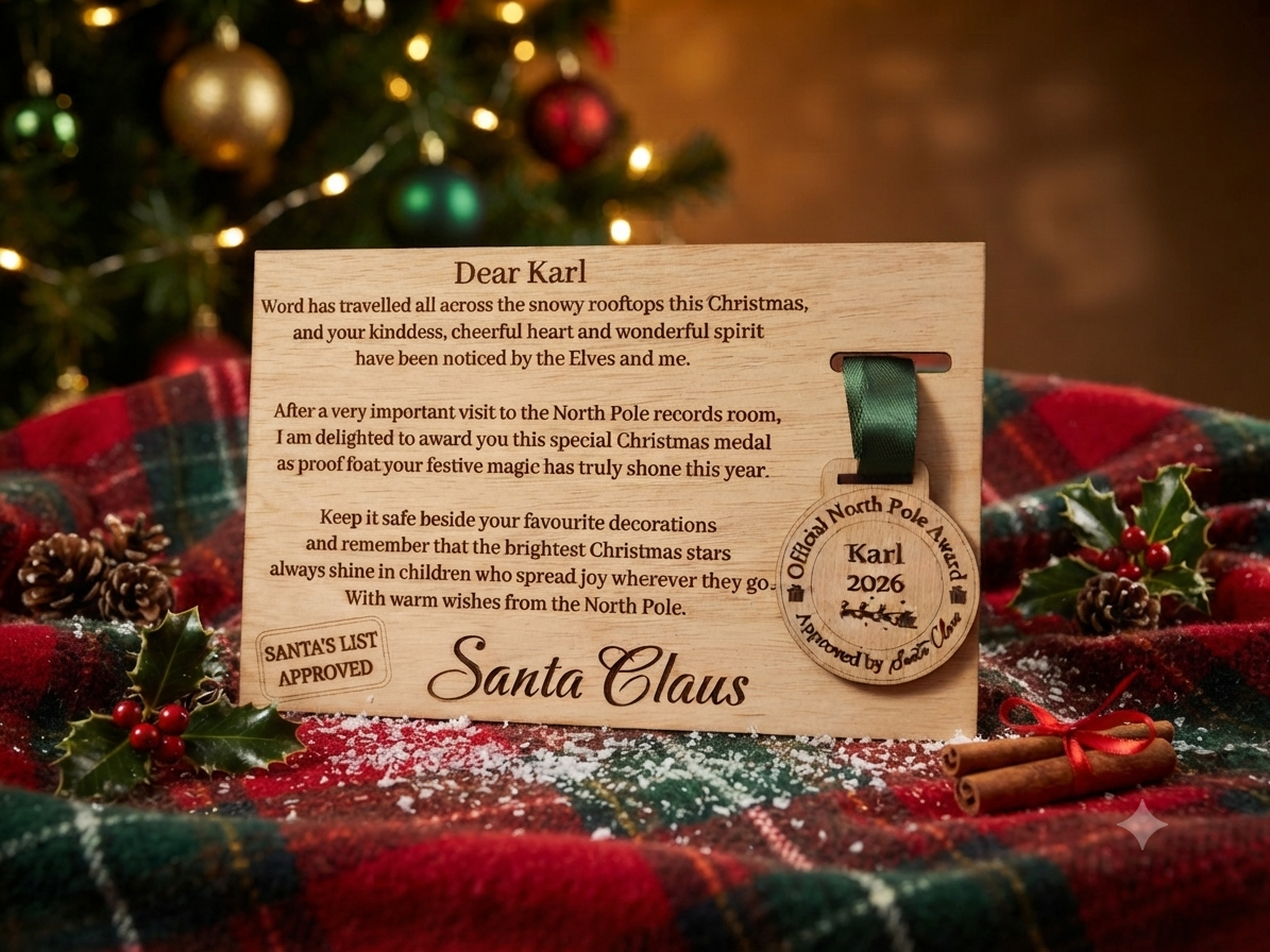 Personalied Official North Pole "Nice List" Medal & Wooden sign