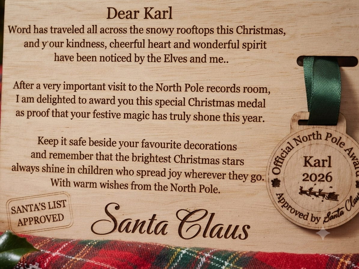 Personalied Official North Pole "Nice List" Medal & Wooden sign