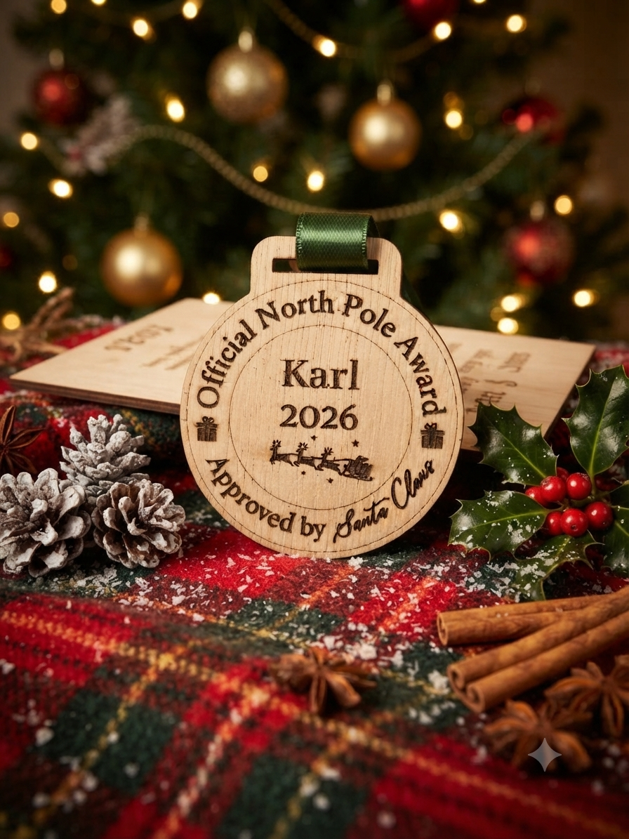 Personalied Official North Pole "Nice List" Medal & Wooden sign