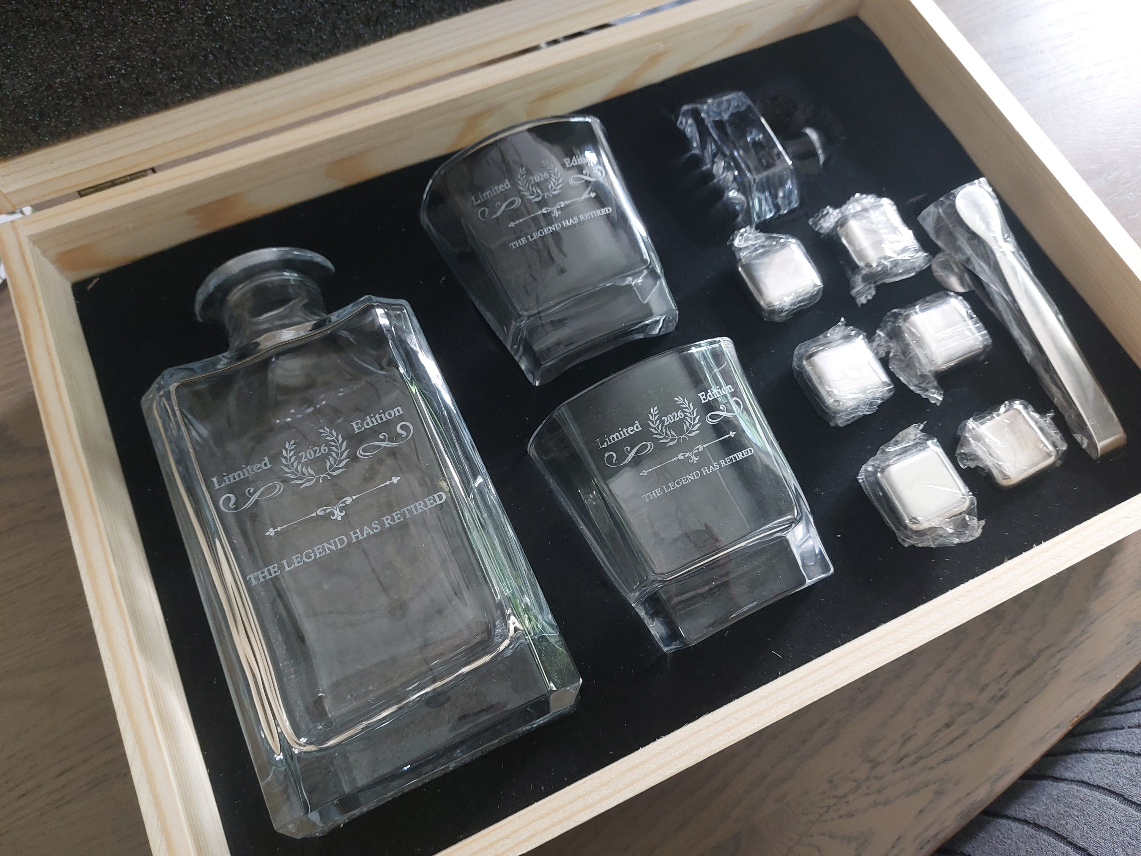 Whiskey decanter retirement luxury gift set.