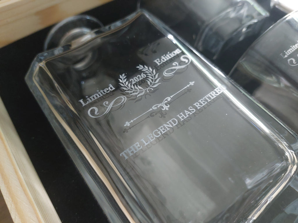 Whiskey decanter retirement luxury gift set.