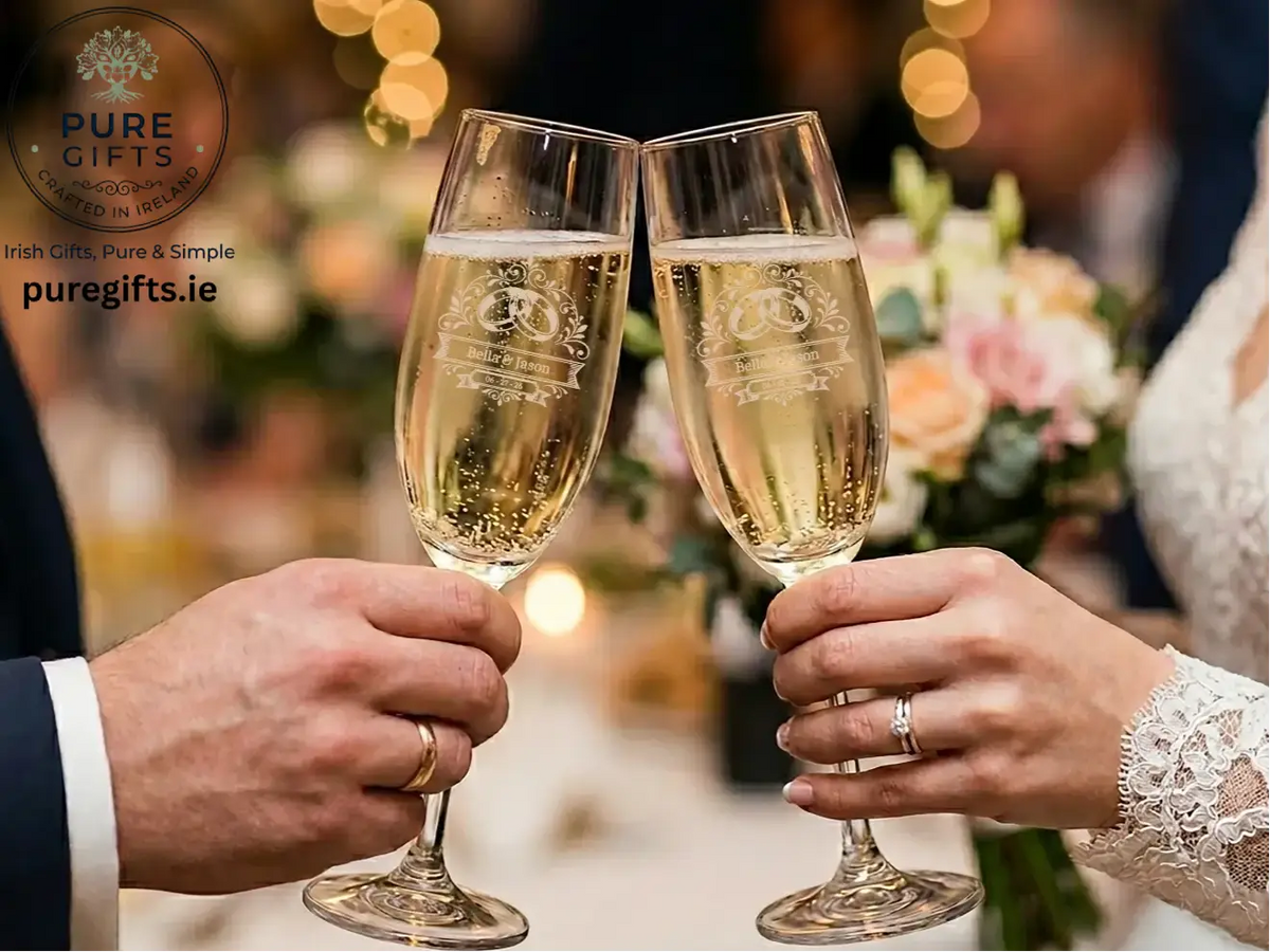Personalised Wedding Toasting Flutes with Ring Motif