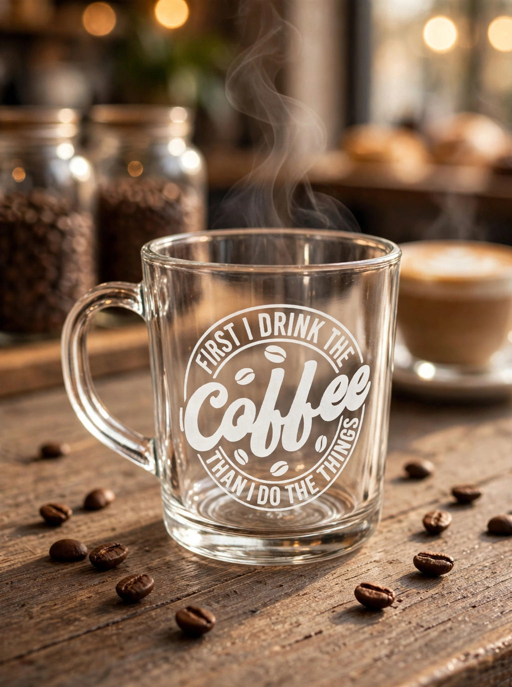 "First I Drink the Coffee" Engraved Glass Cup