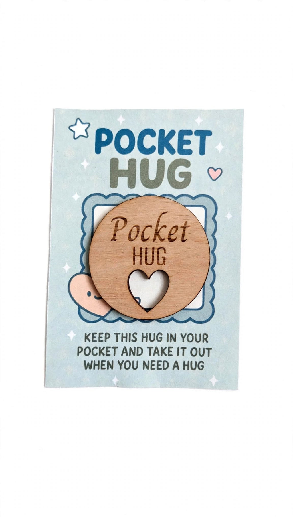 Pocket Hug Wooden Token - 50mm Laser Engraved Pocket Hug with Heart Cutout - Letterbox Hug Gift