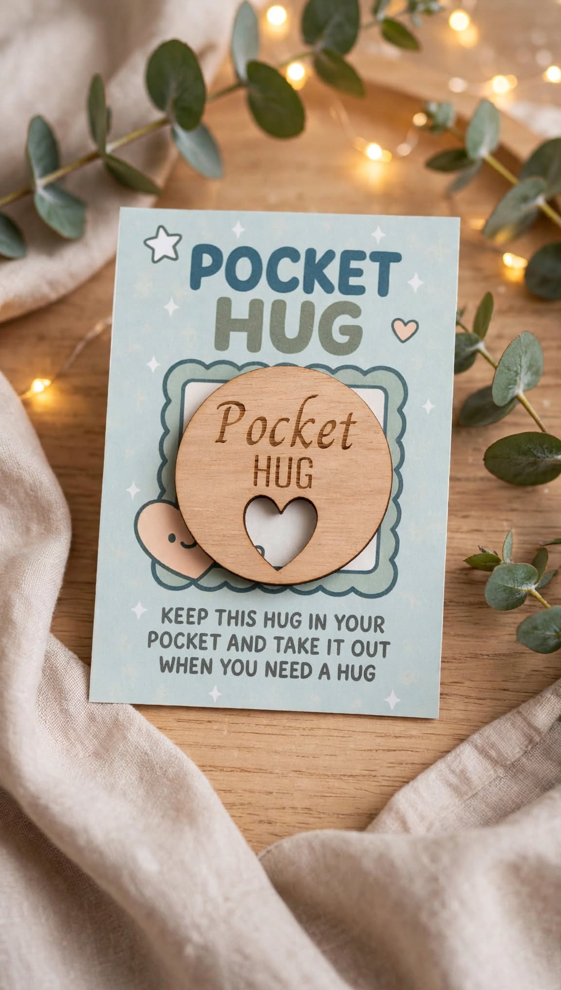 Pocket Hug Wooden Token - 50mm Laser Engraved Pocket Hug with Heart Cutout - Letterbox Hug Gift