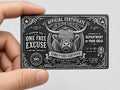 Official Certificate One Free Excuse Novelty Business Card with Highland Cow Illustration