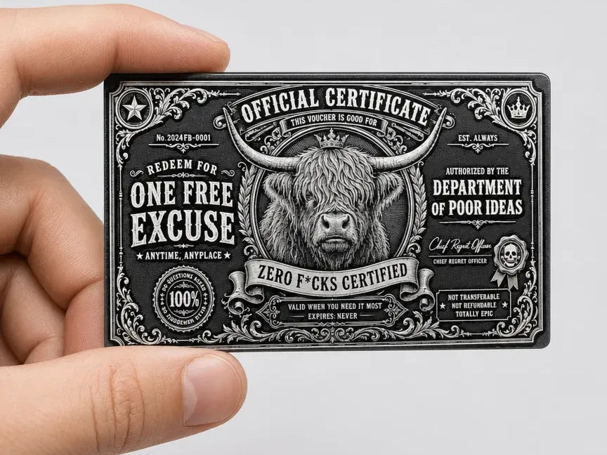 Official Certificate One Free Excuse Novelty Business Card with Highland Cow Illustration