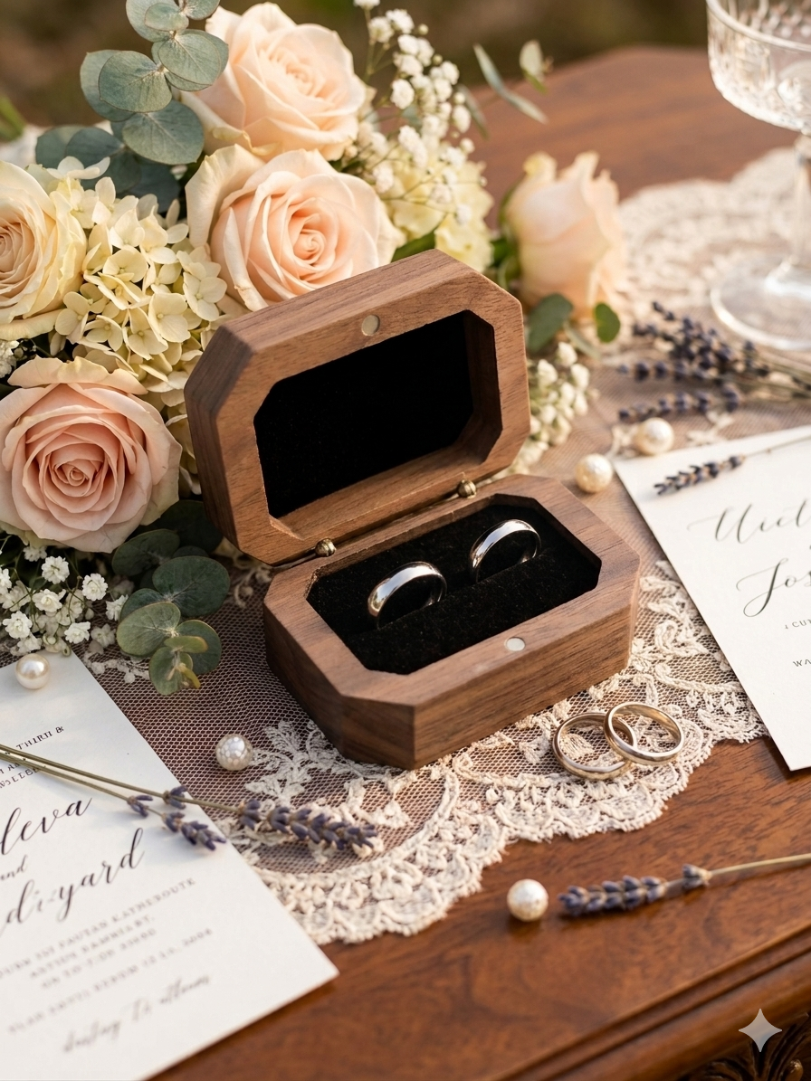 Custom Laser Engraved Walnut Wedding Ring Box – Octagonal Double Ring Bearer Box