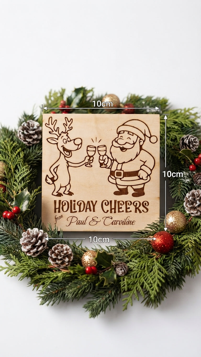 "Holiday Cheers" Personalised Engraved Wooden Coaster Set (Set of 2)