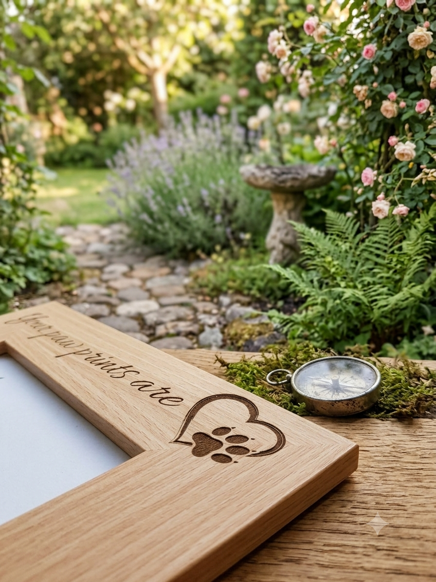 Memorial laser engraved solid oak pet photo frame.