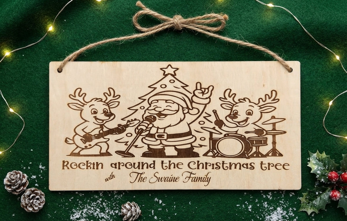 "Rockin' Around the Christmas Tree" Personalised Wooden Hanging Sign