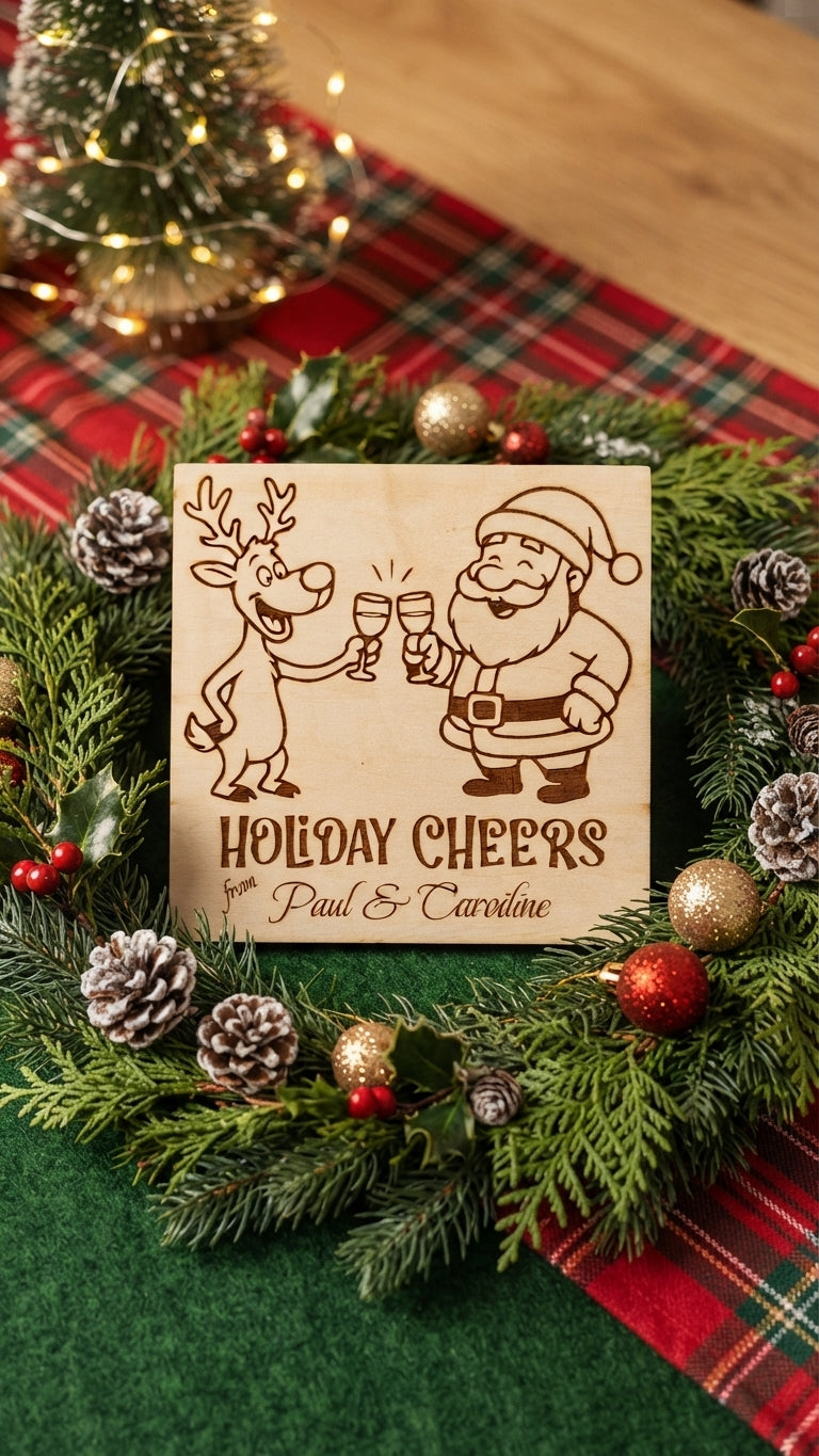 "Holiday Cheers" Personalised Engraved Wooden Coaster Set (Set of 2)