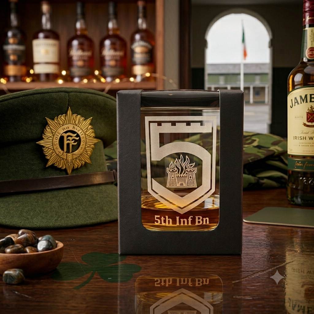 Irish Defence Forces 5th Infantry Battalion Engraved Whiskey Glass & Gift Box
