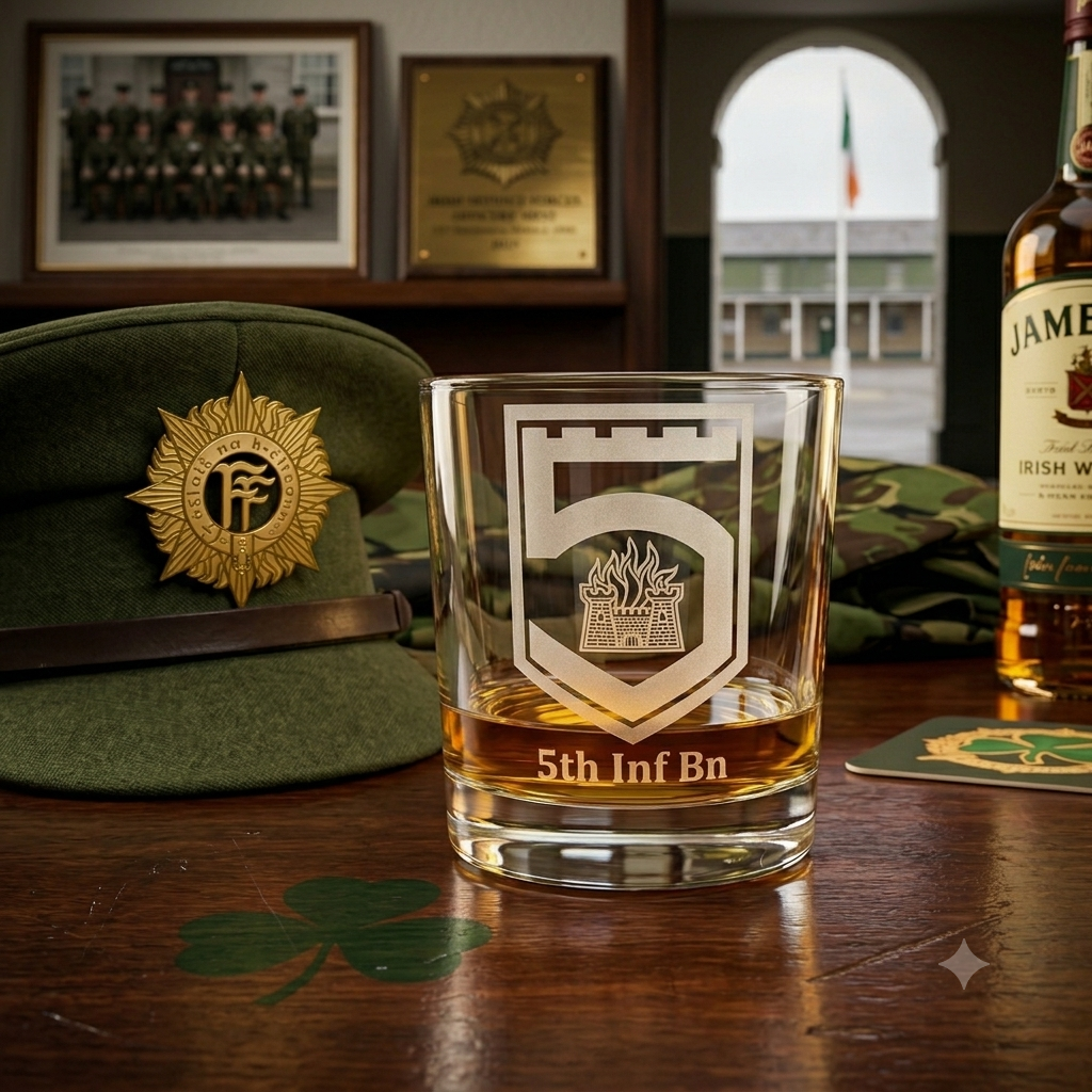 Irish Defence Forces 5th Infantry Battalion Engraved Whiskey Glass & Gift Box