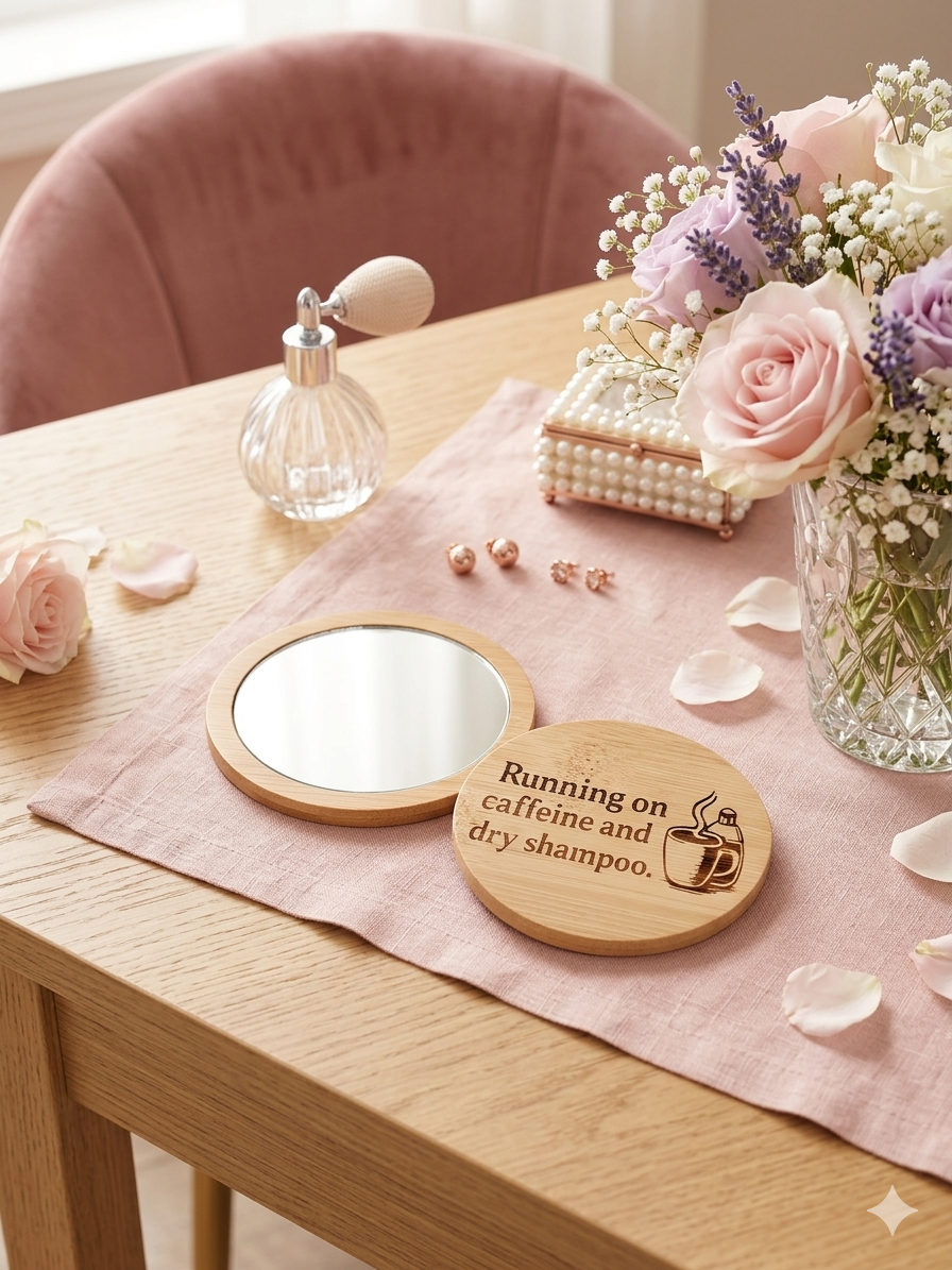 "Caffeine & Dry Shampoo" Bamboo Pocket Mirror