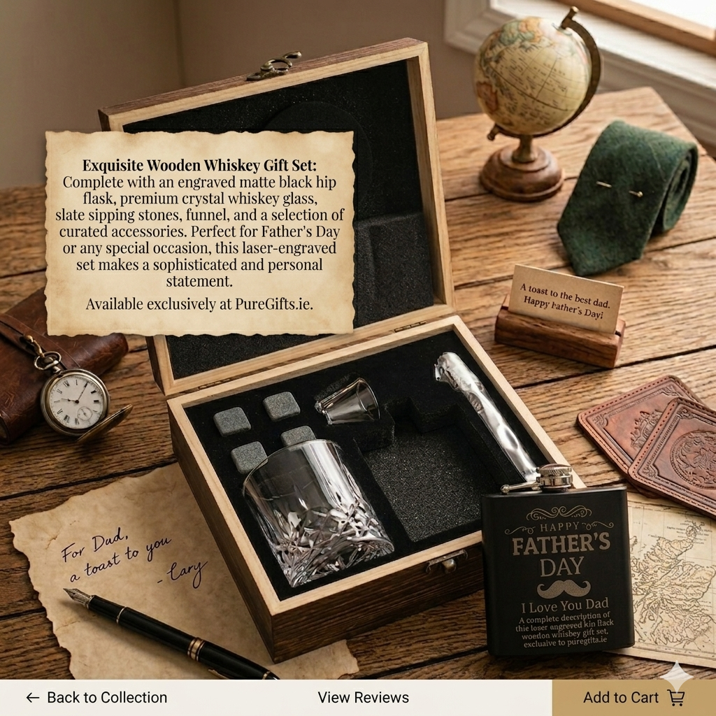Father's Day Whiskey Hip Flask Gift Set in Wooden Gift Box