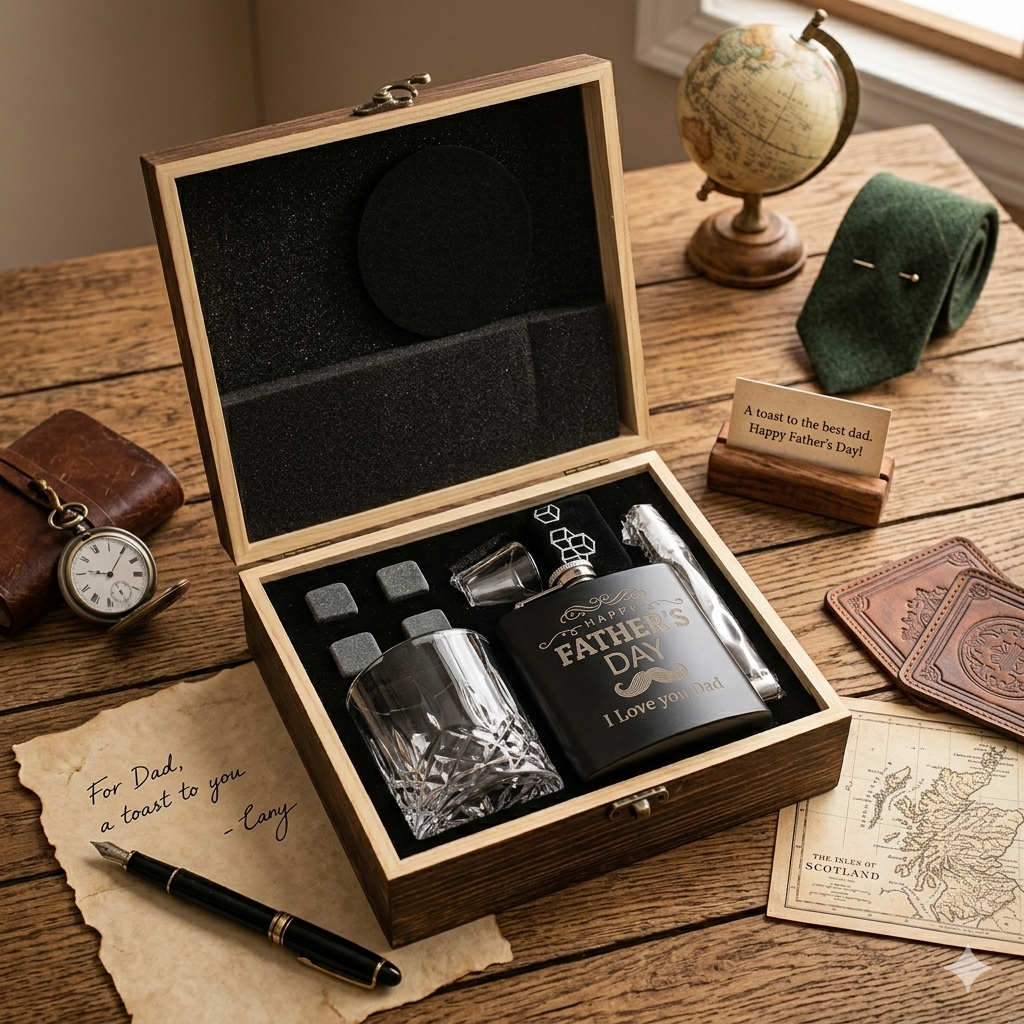 Father's Day Whiskey Hip Flask Gift Set in Wooden Gift Box