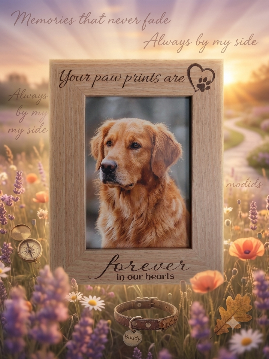 Memorial laser engraved solid oak pet photo frame.