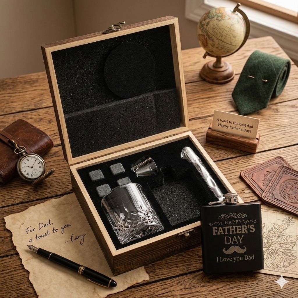Father's Day Whiskey Hip Flask Gift Set in Wooden Gift Box