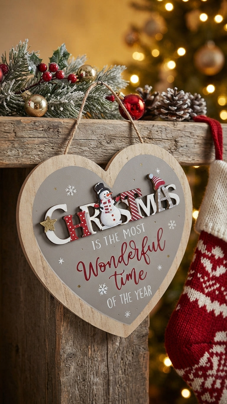 "Christmas Is The Most Wonderful Time Of The Year" Snowman Heart Plaque
