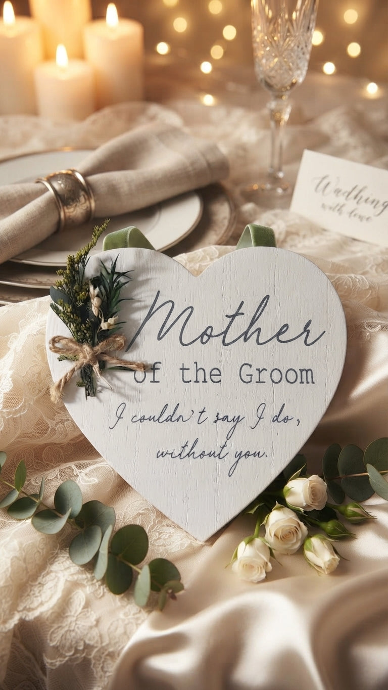 "Mother of the Groom - I couldn't say I do, without you." Heart Plaque