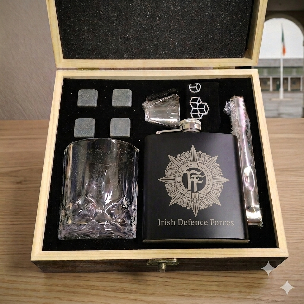 Irish Defence Forces Personalised Wooden Whiskey Gift Box Set