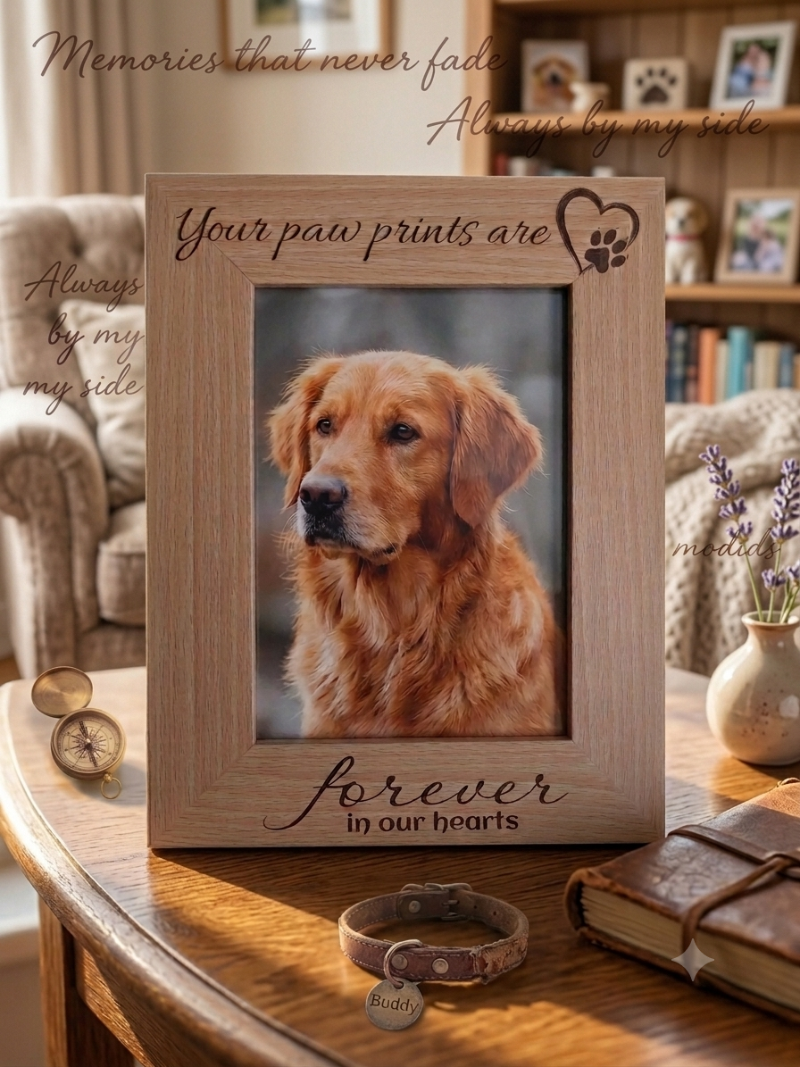 Memorial laser engraved solid oak pet photo frame.