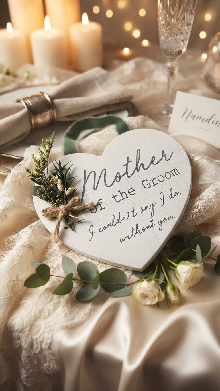 "Mother of the Groom - I couldn't say I do, without you." Heart Plaque