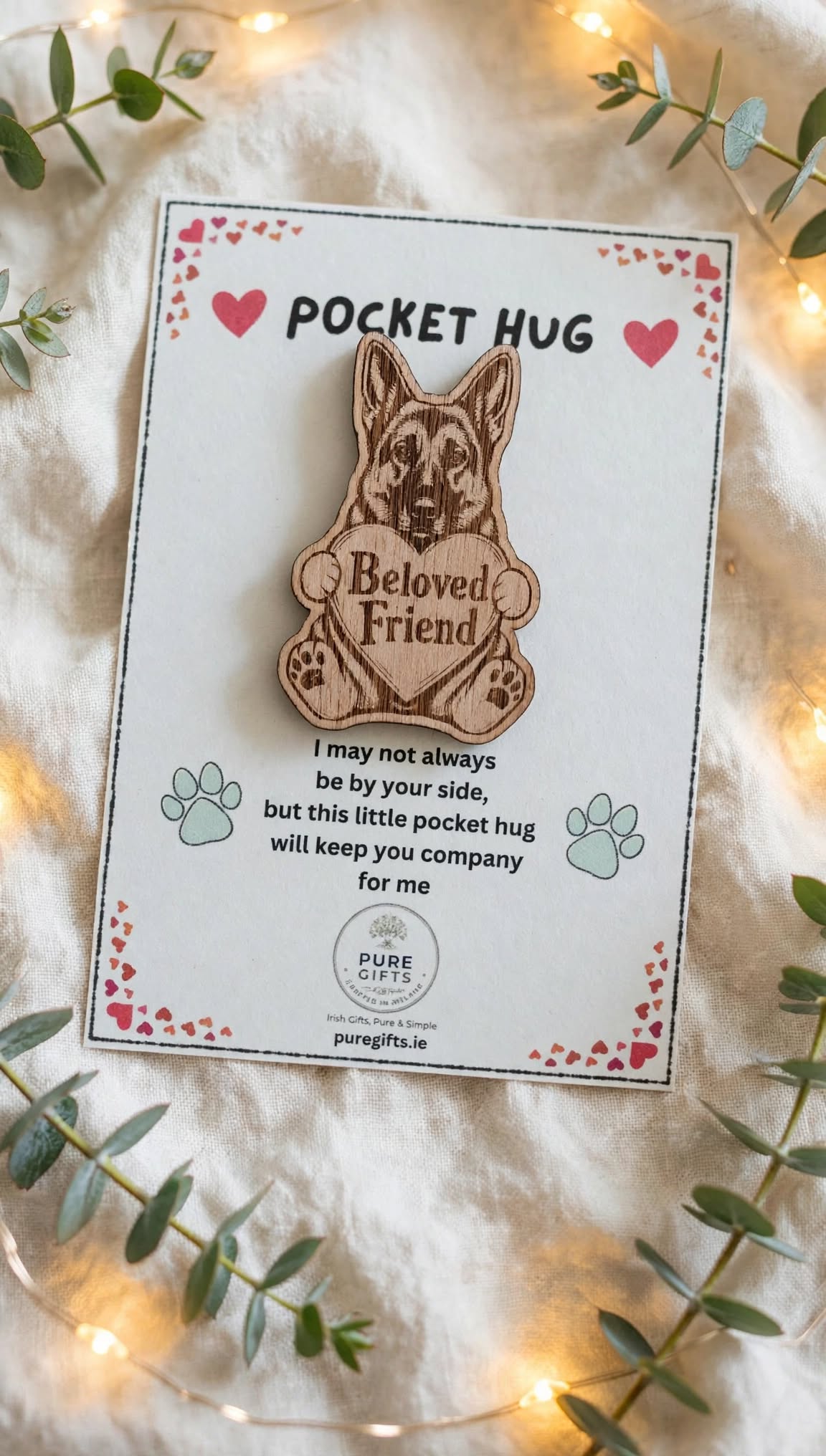 German Shepherd Pocket Hug - Beloved Friend - 50mm Laser Engraved Wooden Dog Token - GSD Keepsake Gift