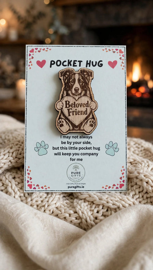 Border Collie Pocket Hug - Beloved Friend - 50mm Laser Engraved Wooden Dog Token - Collie Keepsake Gift